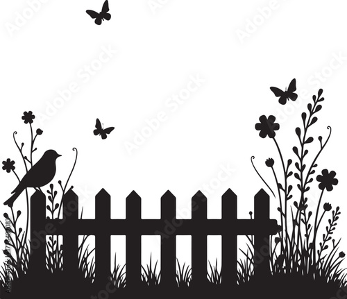 Black silhouette of bird on fence with butterflies and flowers