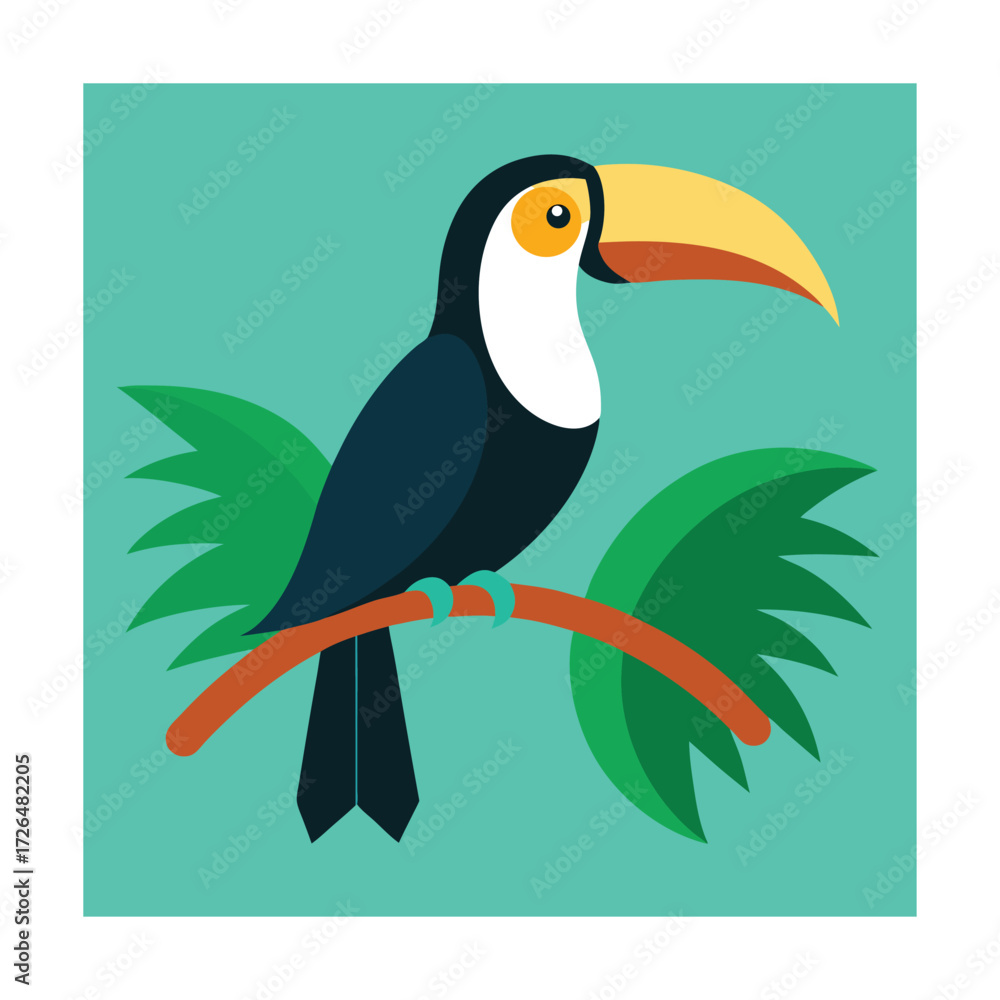 Naklejka premium Toucan with Yellow Beak on a Branch Flat Illustration Keywords: toucan, bird, perched, branch