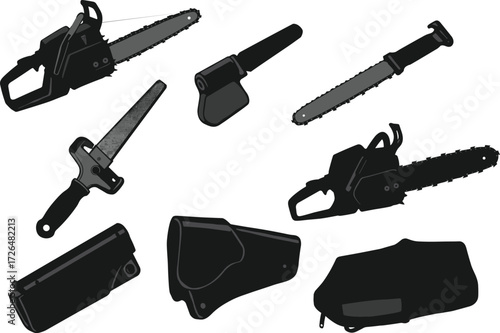 Chainsaw tools, hand saw, power saw, cutting equipment, woodworking tools, logging chainsaw, garden equipment, repair tools, construction tools, vector illustration