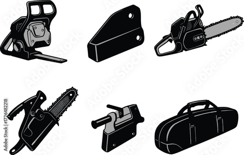 Chainsaw tools, spare parts, power saw, protective case, cutting equipment, woodworking tools, repair accessories, logging chainsaw, construction equipment, garden tools illustration