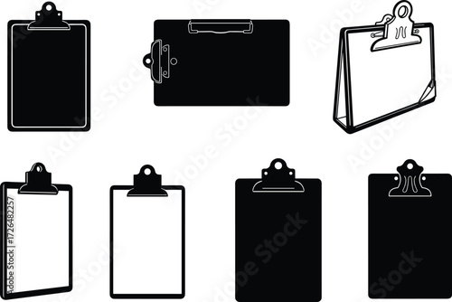 Clipboard icons, office stationery, blank document holders, writing boards, paper clipboards, black silhouette clipboards, vector design, business tools, note holders