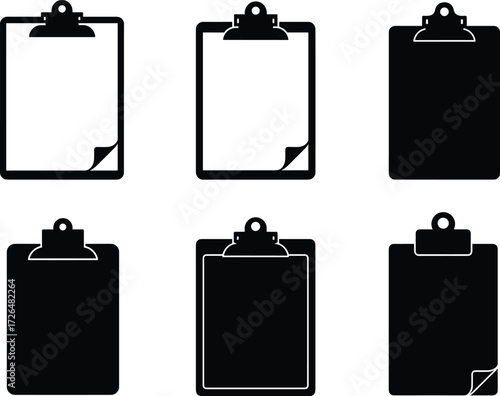 Clipboard icons, office stationery, blank note holders, writing board silhouettes, document pads, business tools, paper storage, vector design, simple office clipboards