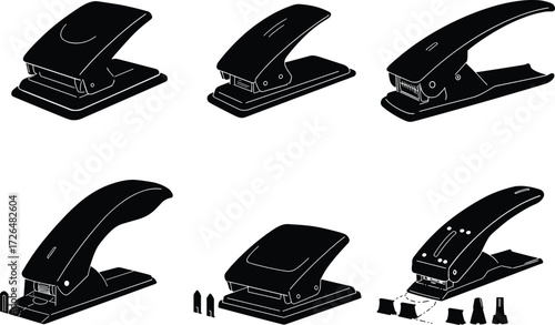Paper punch, office hole punch, stationery equipment, desk tool, document binding, business supplies, filing accessory, paper organizer, black silhouette vector illustration