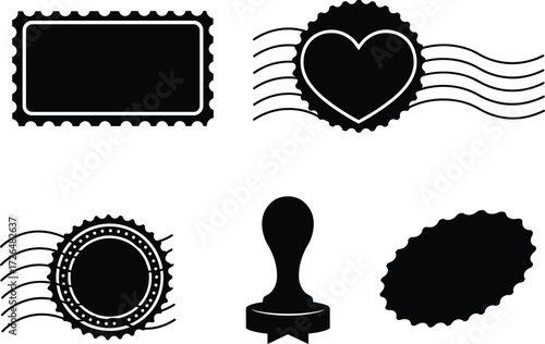 Postage stamps, heart seal, rubber stamp, postal marks, vintage labels, mail certification, official seal, envelope design, approval stamp, stationery elements