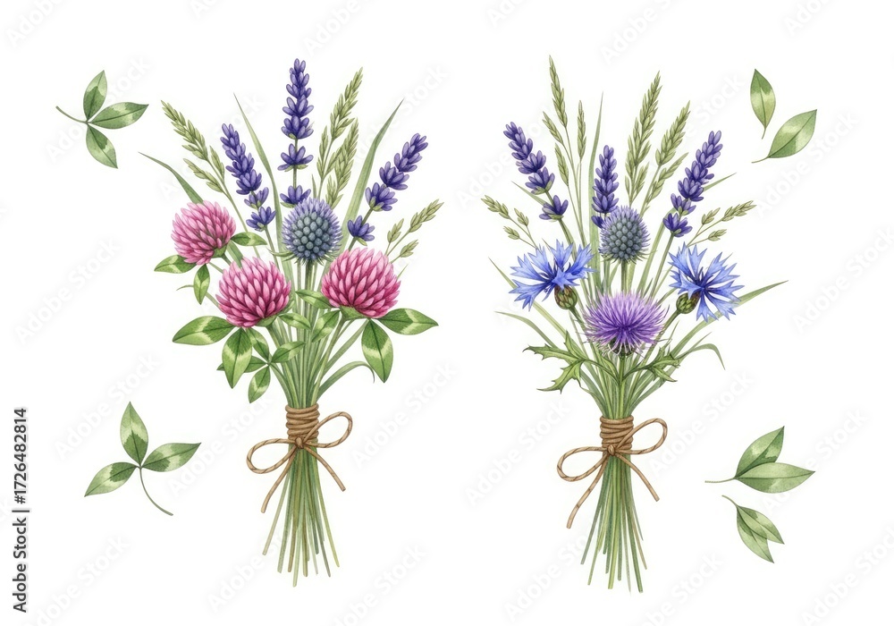 Fototapeta premium Watercolor Bouquet with Lavender, Clover, and Thistle Flowers on White Background
