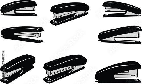 Stapler collection, office stapler, stationery supplies, desk equipment, paper binding tool, business accessory, document fastener, black silhouette vector illustration set