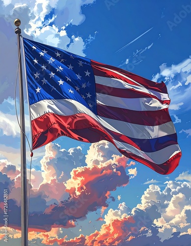 A vibrant digital illustration of an American flag waving proudly against a backdrop of a beautiful sunset sky