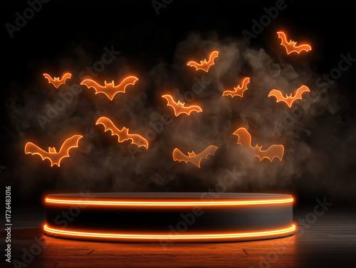 Floating Podium with Neon Orange Bats and Smoky Atmosphere for Spooky Events