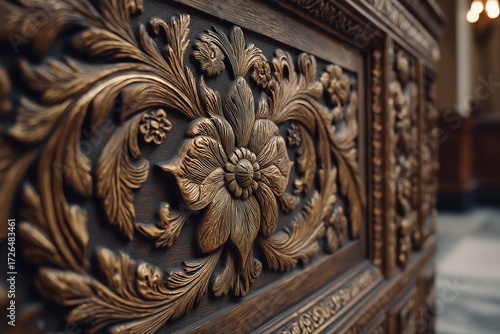 Intricate Carved Wooden Panel With Floral Design