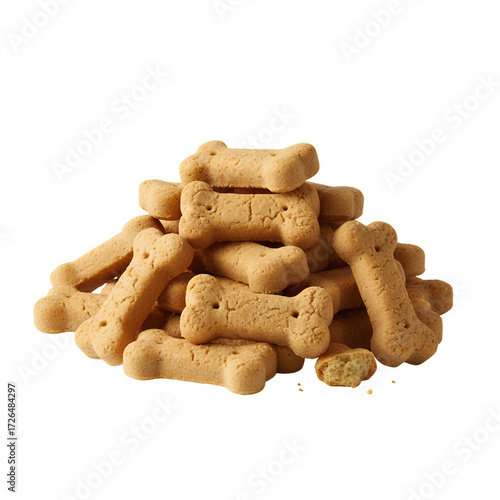 Bone-shaped dog biscuits in a pile, isolated transparent background