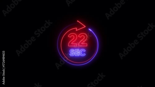 Glowing neon 22 seconds Clock Timer Animation. Stopwatch Icon in Flat Style. on black Background. Time Counter Animation .