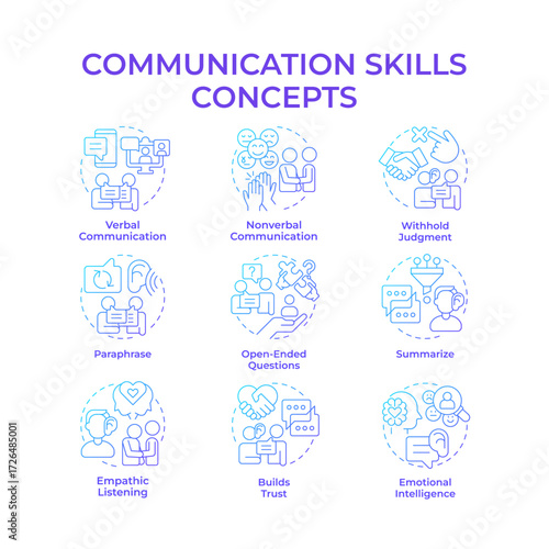 Communication skills blue gradient concept icons. Empathic listening, conversation. Emotional intelligence. Icon pack. Vector images. Round shape illustrations for booklet, blog post. Abstract idea