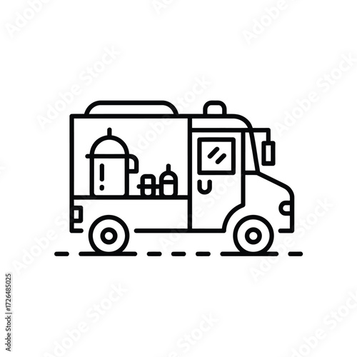 Simple line art icon of a food truck with serving window and containers