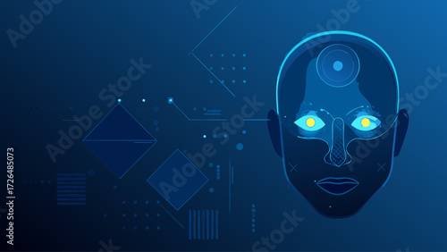 Futuristic AI Head with Glowing Eyes and Geometric Design, Perfect for Technology Concepts, Innovation Projects, and Cutting-Edge Visuals, Expressing Intelligence