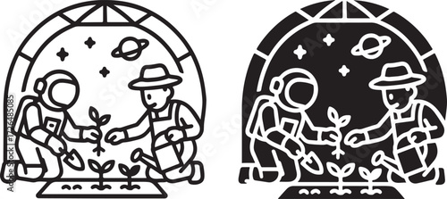 Astronaut and Farmer Growing Plants in Space Icon