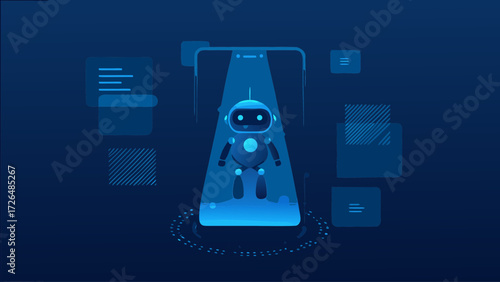Futuristic AI assistant connecting through mobile device, symbolizing technology, innovation, and seamless integration, offering modern solutions for daily tasks