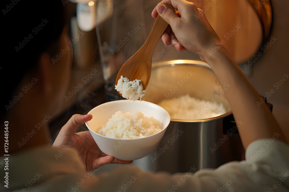 Fototapeta premium Serving Steaming Cooked Rice from Pot into a White Bowl