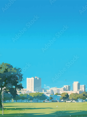 A vibrant park stretches under a clear blue sky. Lush trees dot the landscape, with distant buildings showcasing the lively city skyline.