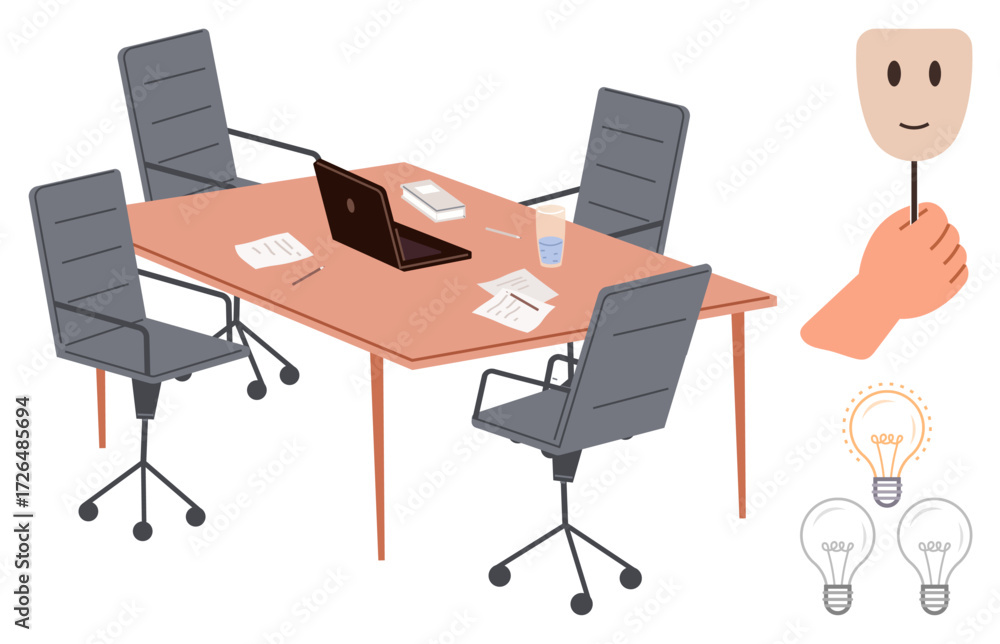 Fototapeta premium Conference table with laptop, papers, chairs, and symbolic hand holding a smiling mask. Lightbulbs symbolize ideas, insights, brainstorming, collaboration decision-making innovation. Ideal