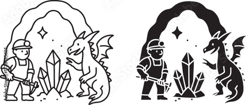 Miner and Dragon Icon with Crystals in Cave