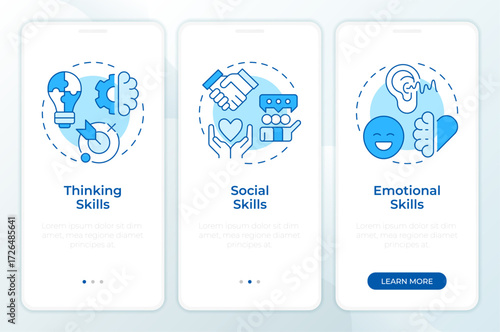 Wallpaper Mural Life skills blue onboarding mobile app screen. Routine confidence. Walkthrough 3 steps editable graphic instructions with linear concepts. UI, UX, GUI. Montserrat SemiBold, Regular fonts used Torontodigital.ca