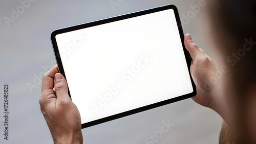 Over the Shoulder View of Person Using Blank Digital Tablet Screen