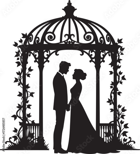 Black silhouette of bride and groom holding hands in gazebo