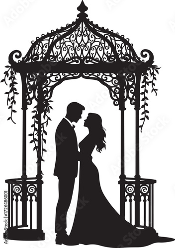 Black silhouette of couple embracing under ornate gazebo with vines