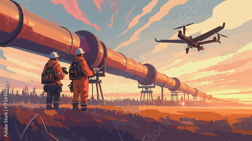 Two workers in safety gear observe a long pipeline while a drone flies overhead, highlighting a sunset sky filled with vibrant colors in a rural area.