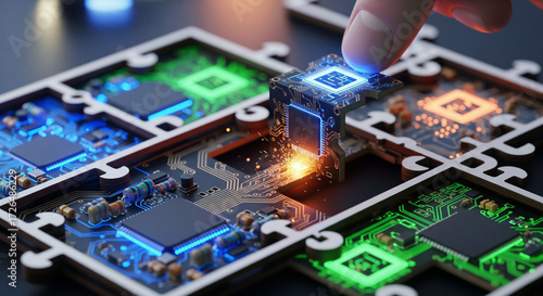 Hand connecting glowing circuit board puzzle piece, symbolizing innovation, technology, and digital connection with vibrant energy sparks.