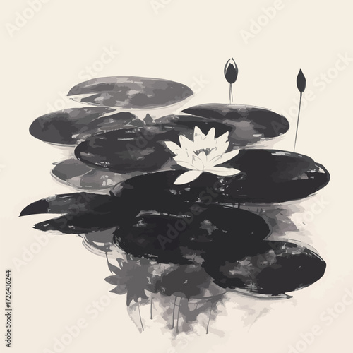 A peaceful scene featuring water lilies blooming among dark green leaves. The calm water reflects soft light, creating a tranquil atmosphere.