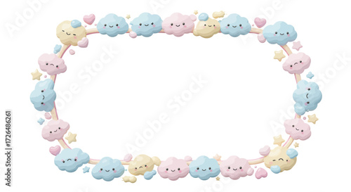 Adorable kawaii cloud border with happy faces and stars, perfect for sweet invitations and cheerful designs