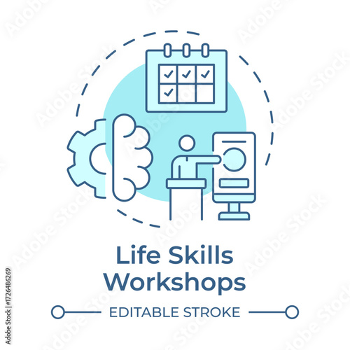 Life skills workshops soft blue concept icon. Learning sessions for personal development. Self education sources. Round shape line illustration. Abstract idea. Graphic design. Easy to use in article