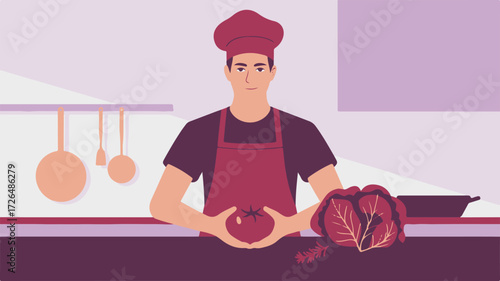 A Culinary Artist in a Kitchen Setting with Fresh Produce, Showcasing Healthy Ingredients and a Passion for Cooking