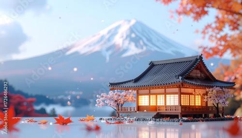 Japanese miniature building with Mount Fuji in the Background and Sakura flowers.
