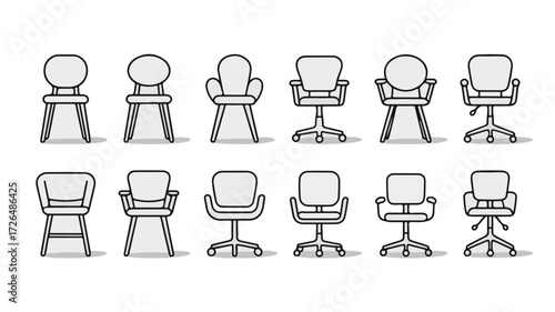 A diverse collection of modern chair designs, from simple seats to ergonomic office furniture, presented as a linear vector icon set