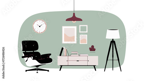 Stylish mid-century modern living room interior design concept with a comfortable lounge armchair, sideboard, and minimalist home decor accessories