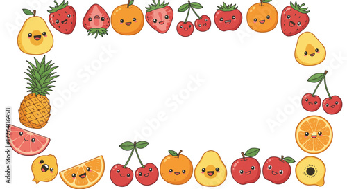 Adorable kawaii fruit border featuring happy strawberries, cherries, oranges, pears, apples, pineapple, lemon, and grapefruit ready for vibrant designs.