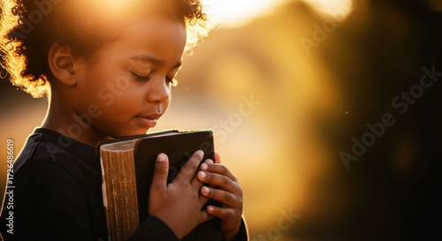 African american child holding bible with eyes closed in prayer. Spiritual upbringing and religious devotion for christianity.