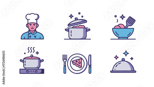 Modern vector flat icons illustrating essential culinary arts, featuring a professional chef, cooking processes, food preparation, and elegant meal presentation