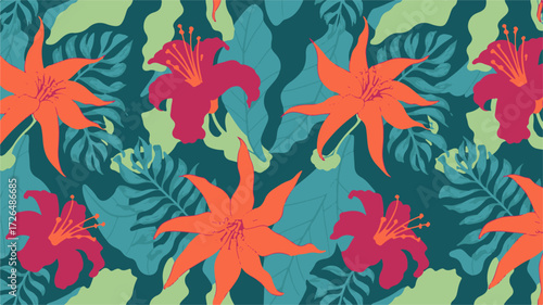 Floral pattern design featuring vibrant lilies and tropical leaves in a seamless arrangement, perfect for fabric