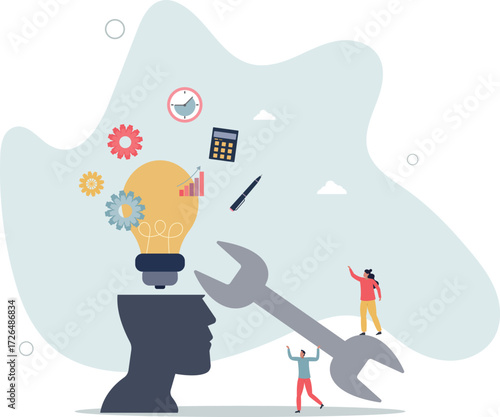 Cartoon tiny people repair light bulb inside human head.life and employment of people.