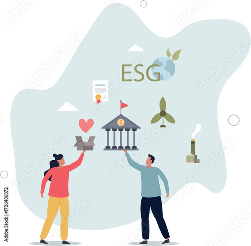 ESG environmental social governance as green company development strategy.Ecological resource consumption and renewable energy usage.life and employment of people.