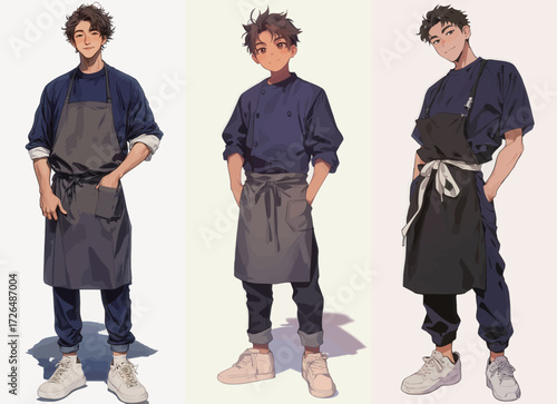 Three young males dressed in dark aprons and casual attire showcase their stylish looks in a kitchen setting, emphasizing culinary creativity and modern fashion.
