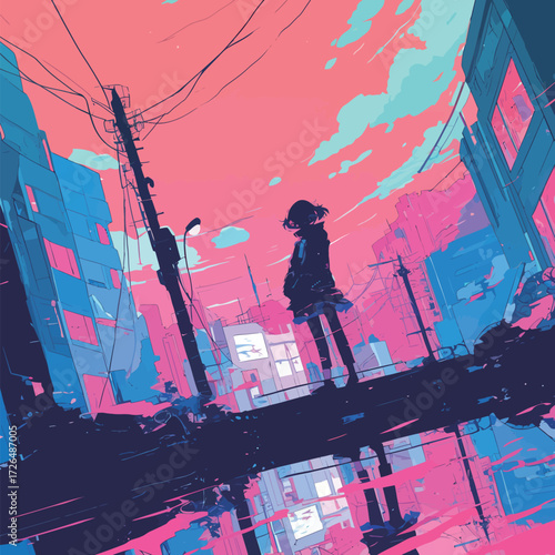 A colorful urban scene shows a lone figure standing on a bridge above reflective water. The sky glows in pink and blue hues. Surrounding buildings create a striking backdrop.