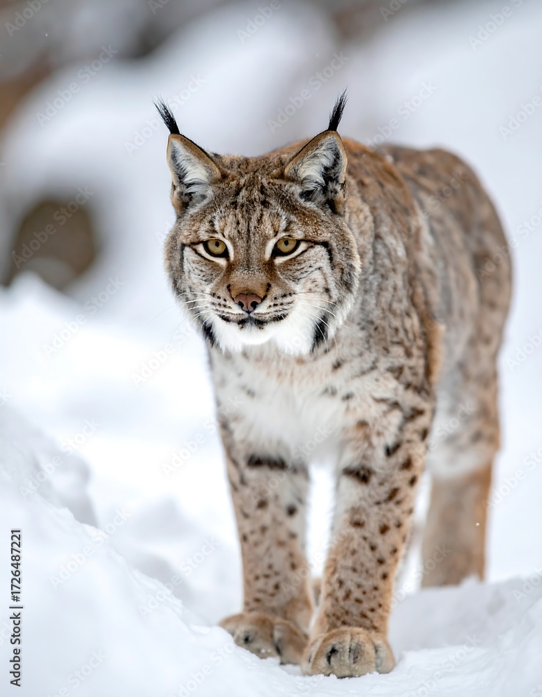 Naklejka premium A lynx, powerfully built, stares intently forward in a snowy winter scene
