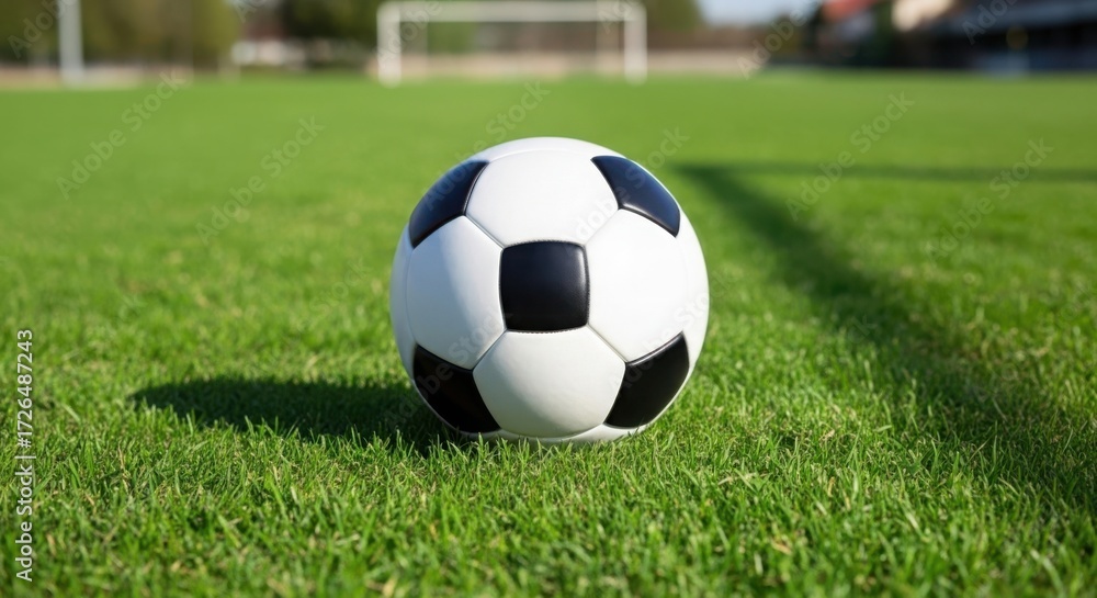 Obraz premium Classic black and white soccer ball on a lush green field