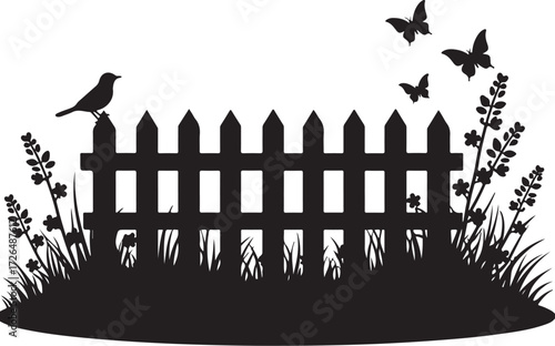 Black silhouette of picket fence with bird butterflies and flowers