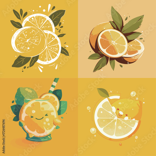 Four vibrant illustrations showcase lemons and lemon-inspired drinks. The bright yellow backdrop enhances the cheerful vibe of the citrus fruits and refreshing beverages.