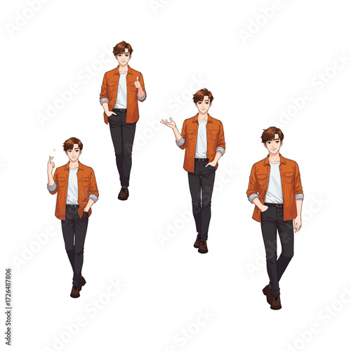 A stylish young man in an orange jacket and white tee demonstrates four casual poses, showcasing confidence, relaxed attitude, and approachable style suitable for lifestyle, fashion, and promotional